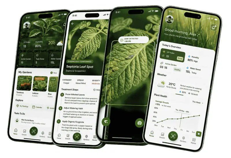 Product preview showing AI disease scan results and analytics